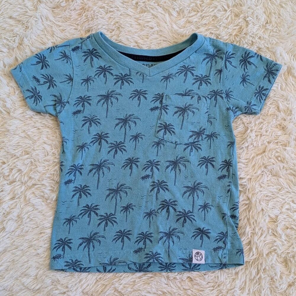 Free Planet Boys Size 2T Blue Palm Tree Coastal Summer Cotton V-Neck Shirt